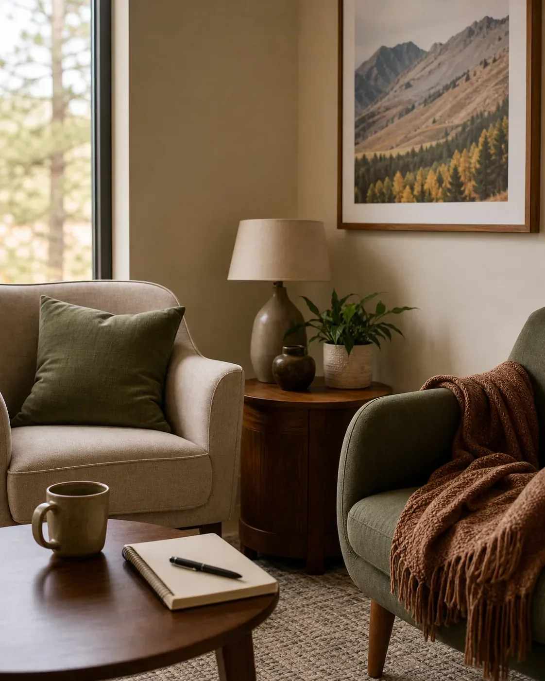 Warm counseling office corner with two chairs, a notebook, a mug, plants, and mountain artwork.