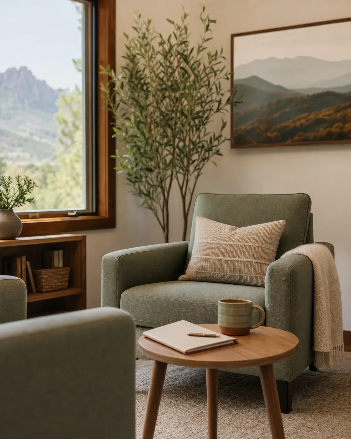 Comfortable counseling office seating with soft natural light, a notebook, and mountain artwork.