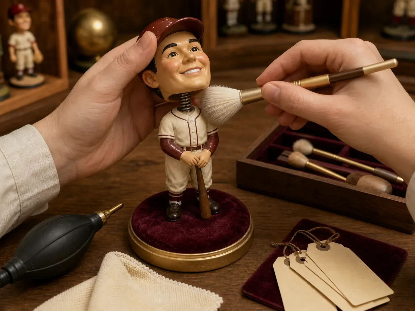 A curator stabilizes a bobblehead while cleaning it gently with a soft brush and air blower.