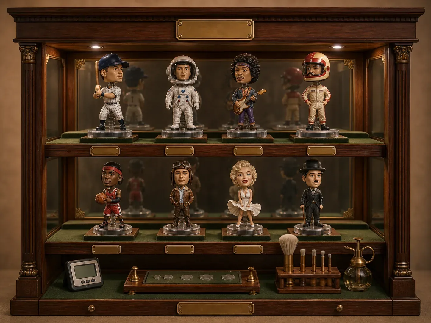 Bobblehead specimens arranged on level felt-lined shelves with lights, risers, climate monitor, and brass display details.