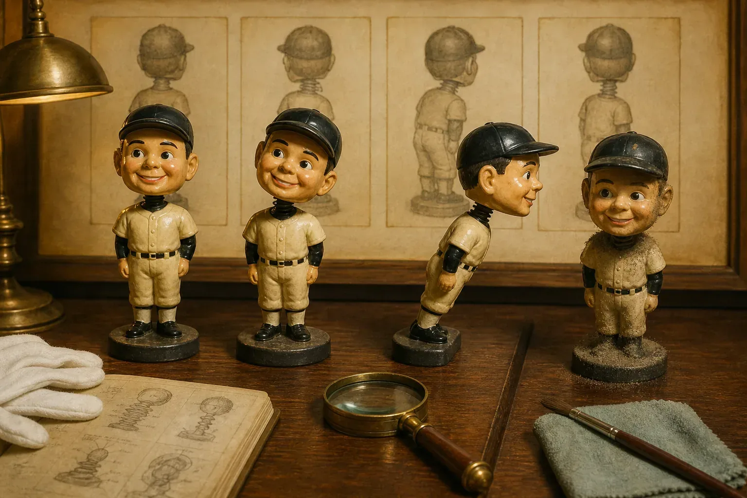 A conservation diagnostic scene comparing upright, leaning, off-axis, and dusty bobblehead postures on a walnut table.