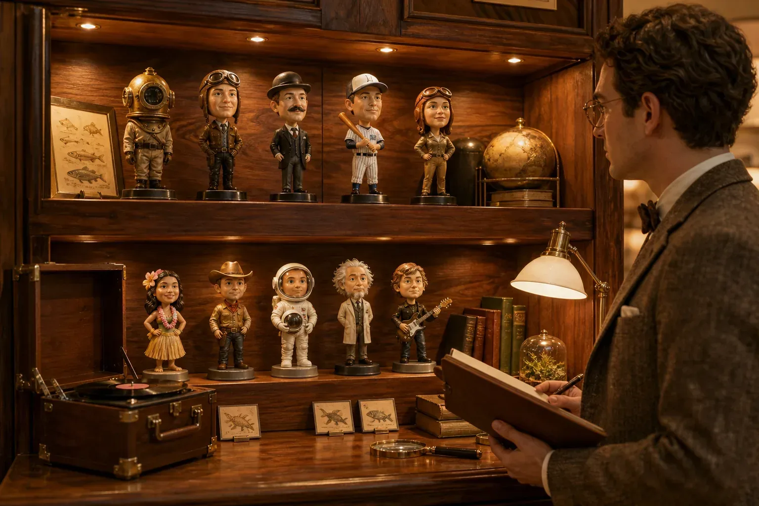 A curator observes bobblehead specimens on a walnut shelf with a record player, books, miniature exhibit cards, and warm enrichment lighting.