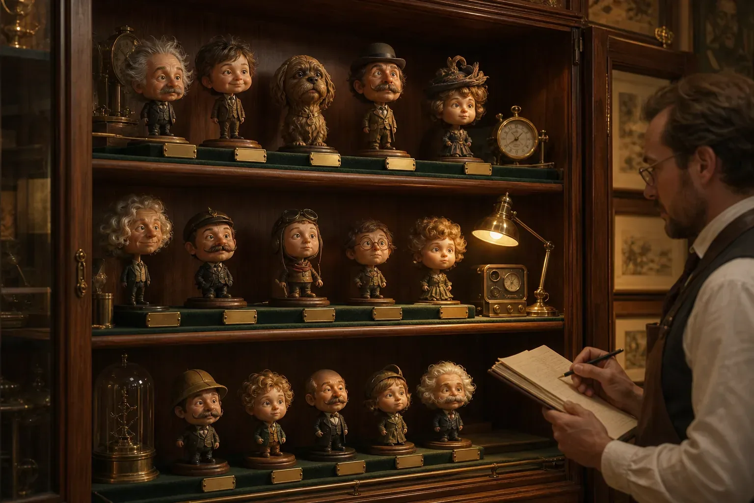 A curator records bobblehead specimens in a protected walnut display cabinet with warm museum lighting.