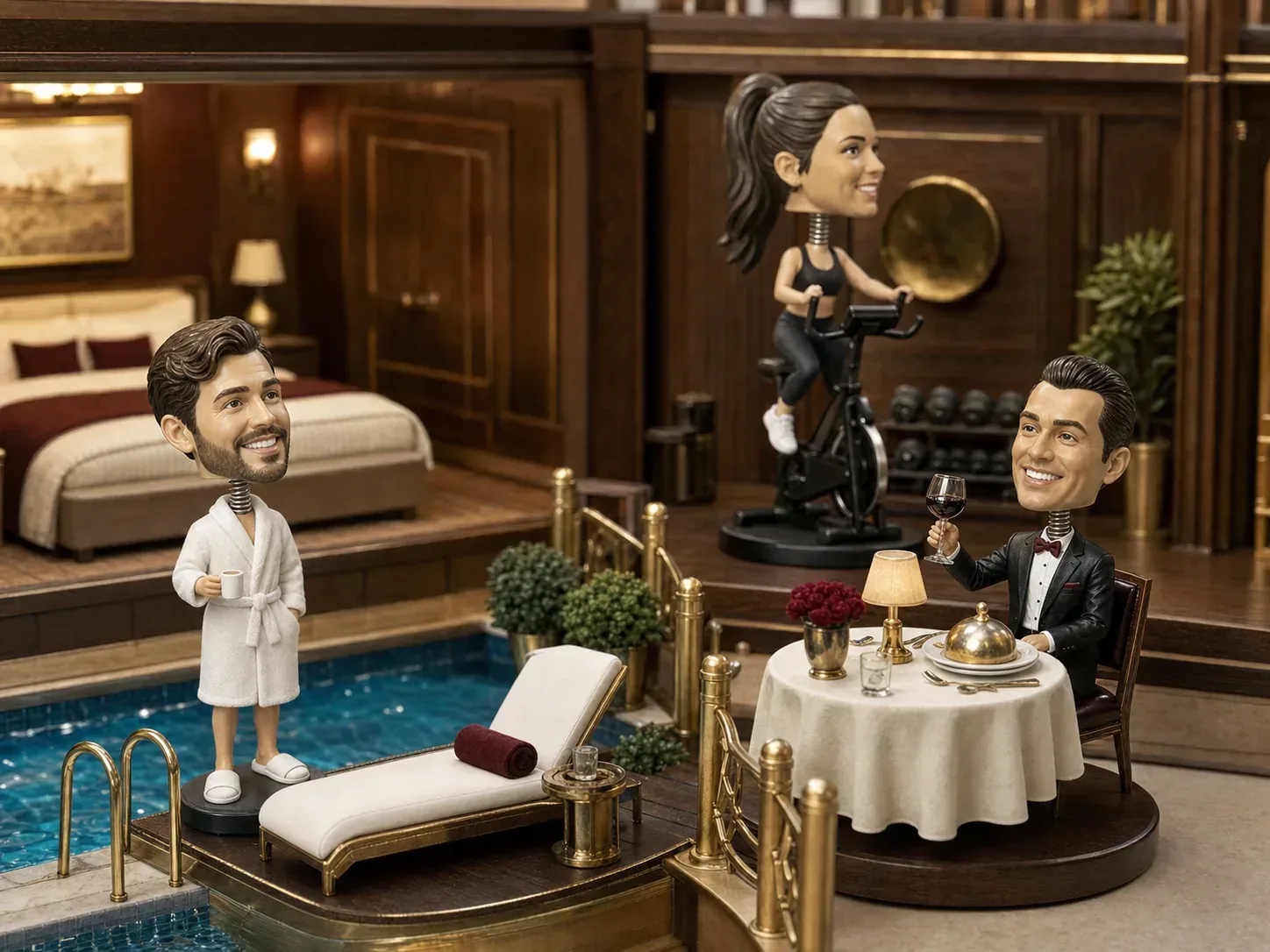 Bobblehead specimens enjoy miniature luxury hotel amenities including a pool, bathrobe, fine dining, and exercise equipment.
