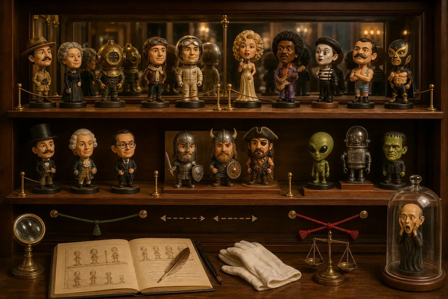 Rows of bobblehead specimens arranged in compatibility groups on walnut shelves with brass ropes, mirrors, risers, and curator tools.