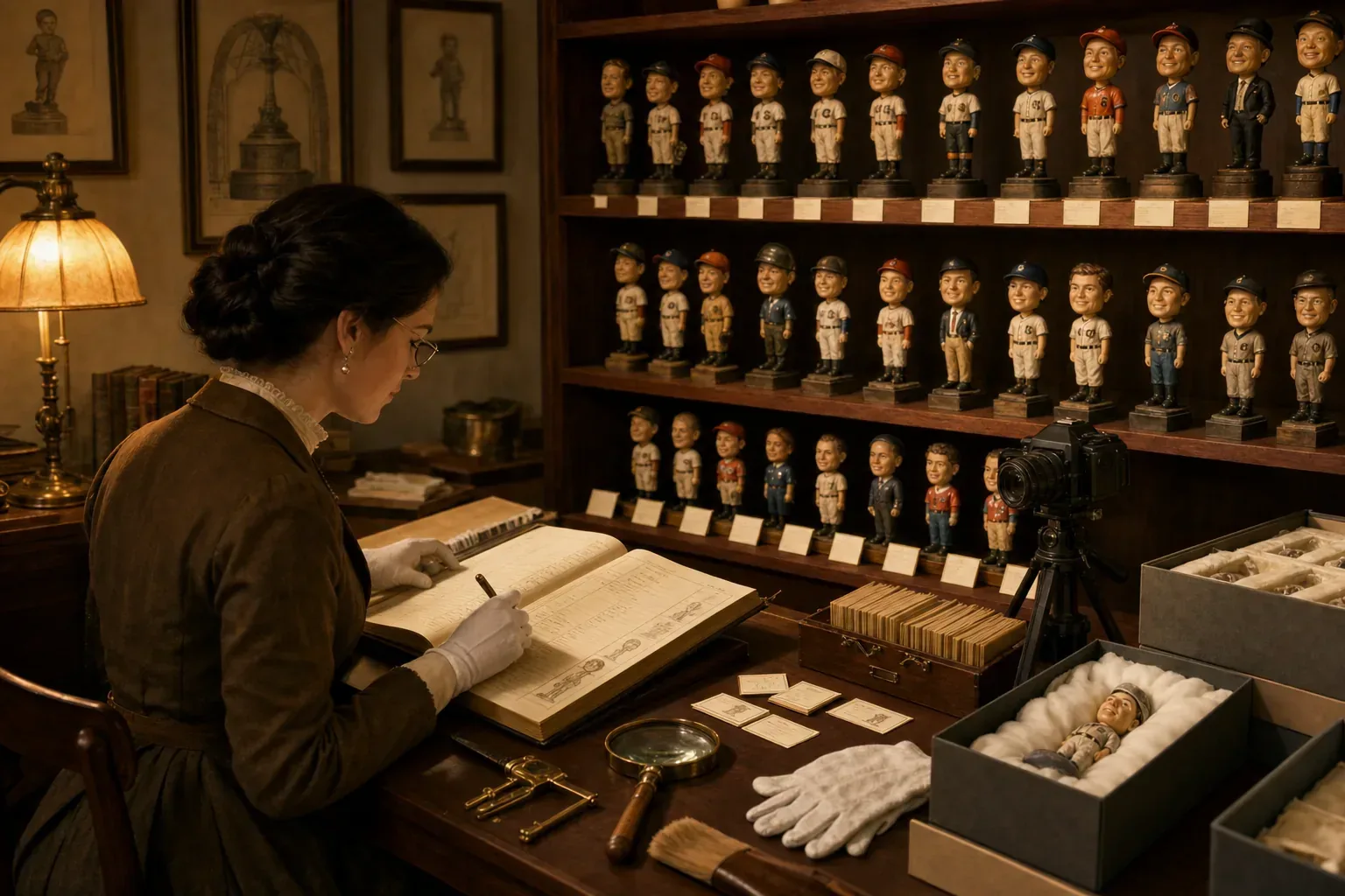 A curator updates an archival ledger beside orderly shelves of bobblehead specimens, padded storage boxes, a camera, and cataloging tools.