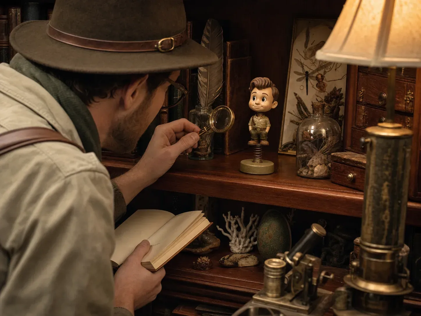 A careful explorer approaches a spring-mounted bobblehead on a wooden shelf with a brass magnifying lens and notebook.