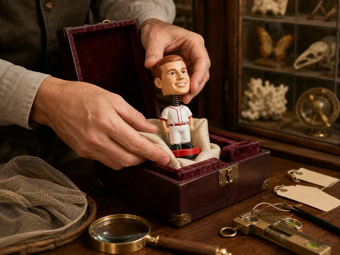 Careful hands stabilize a bobblehead and place it into a burgundy velvet-lined specimen case.
