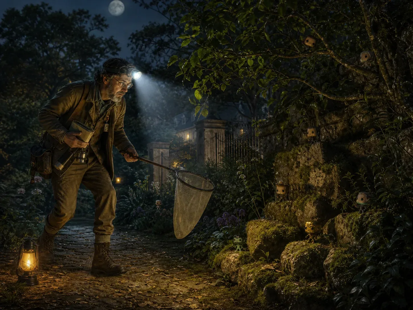 A naturalist wearing a headlamp carries a butterfly net while looking for tiny bobblehead specimens in a moonlit garden.