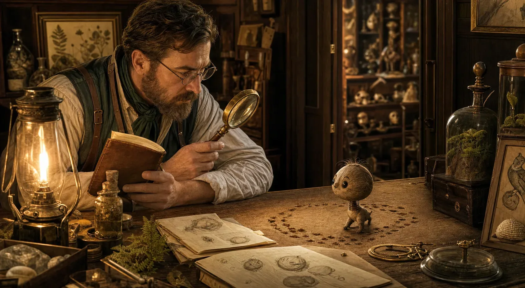 A richly detailed study cabinet and surrounding rooms suggest several habitats where bobbleheads may settle.