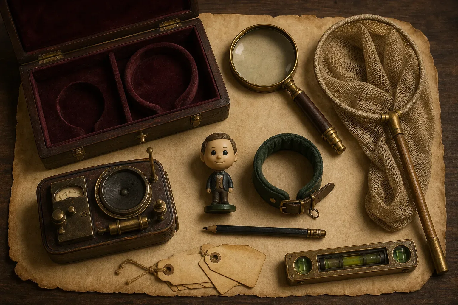 A velvet specimen case, soft net, magnifying lens, pencil, tags, and pocket level arranged on parchment.