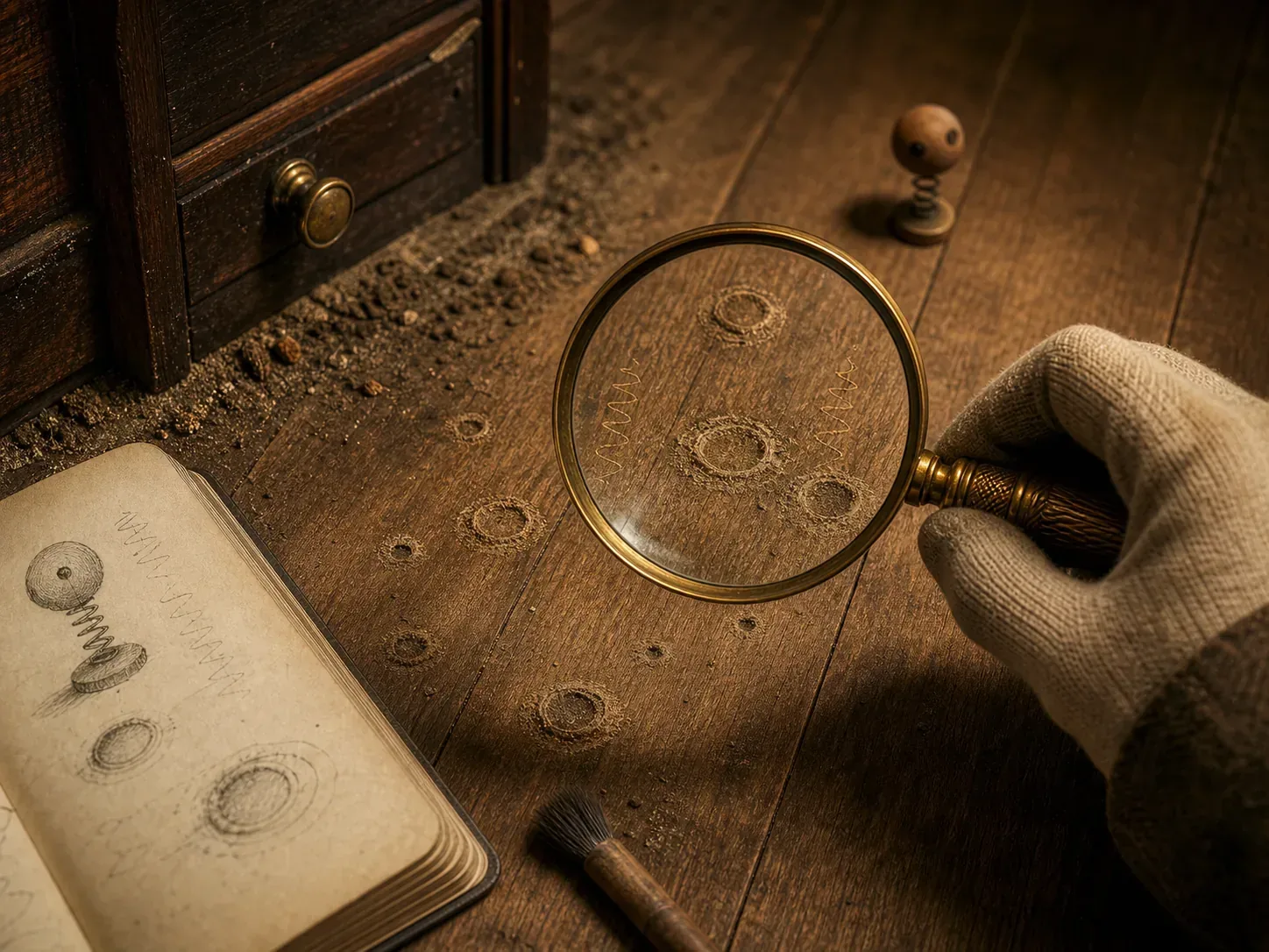 A gloved naturalist studies circular dust rings and wobble marks on a wooden floor through a brass magnifying lens.