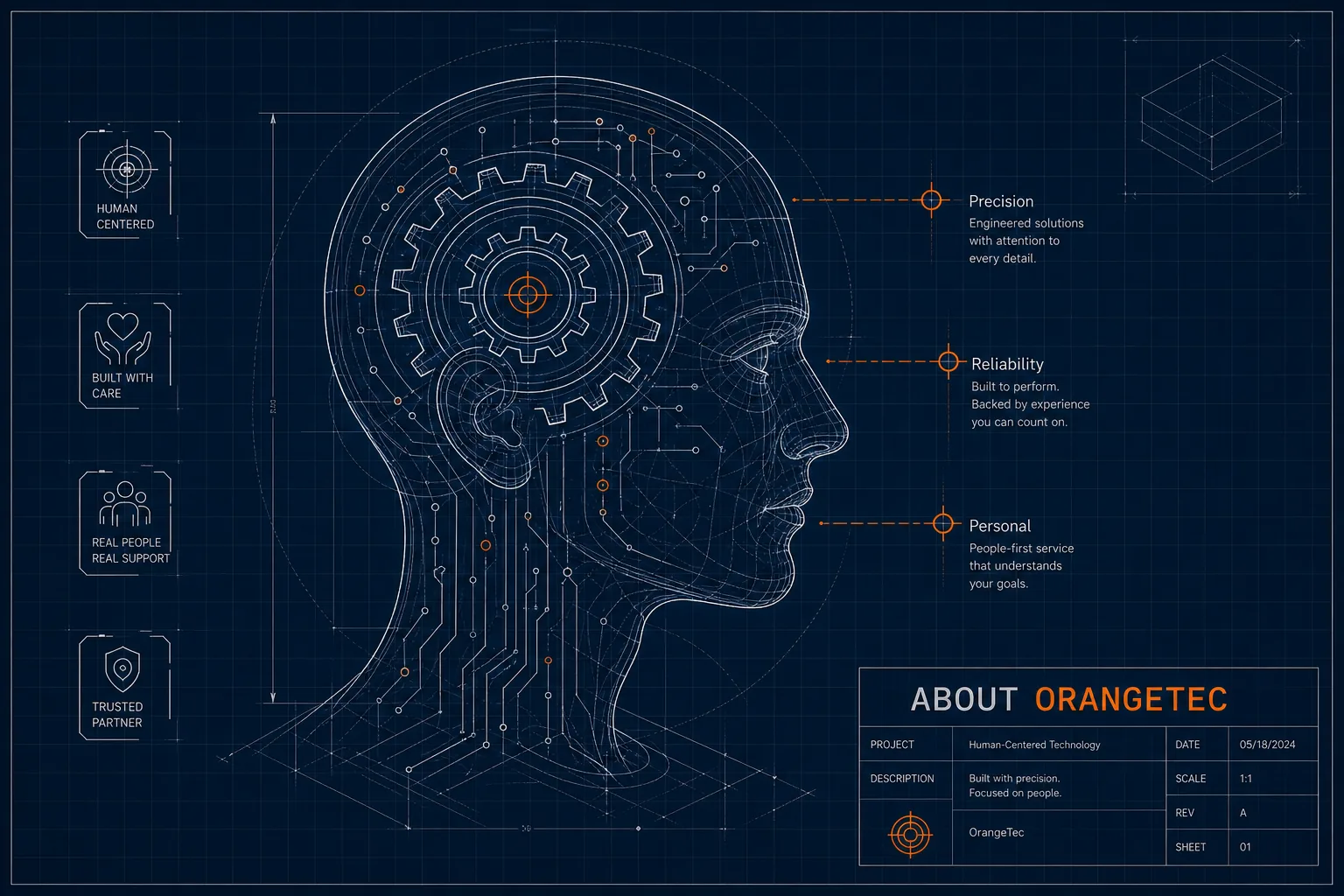 Blueprint profile head with gear and circuit details representing human-centered technology service.