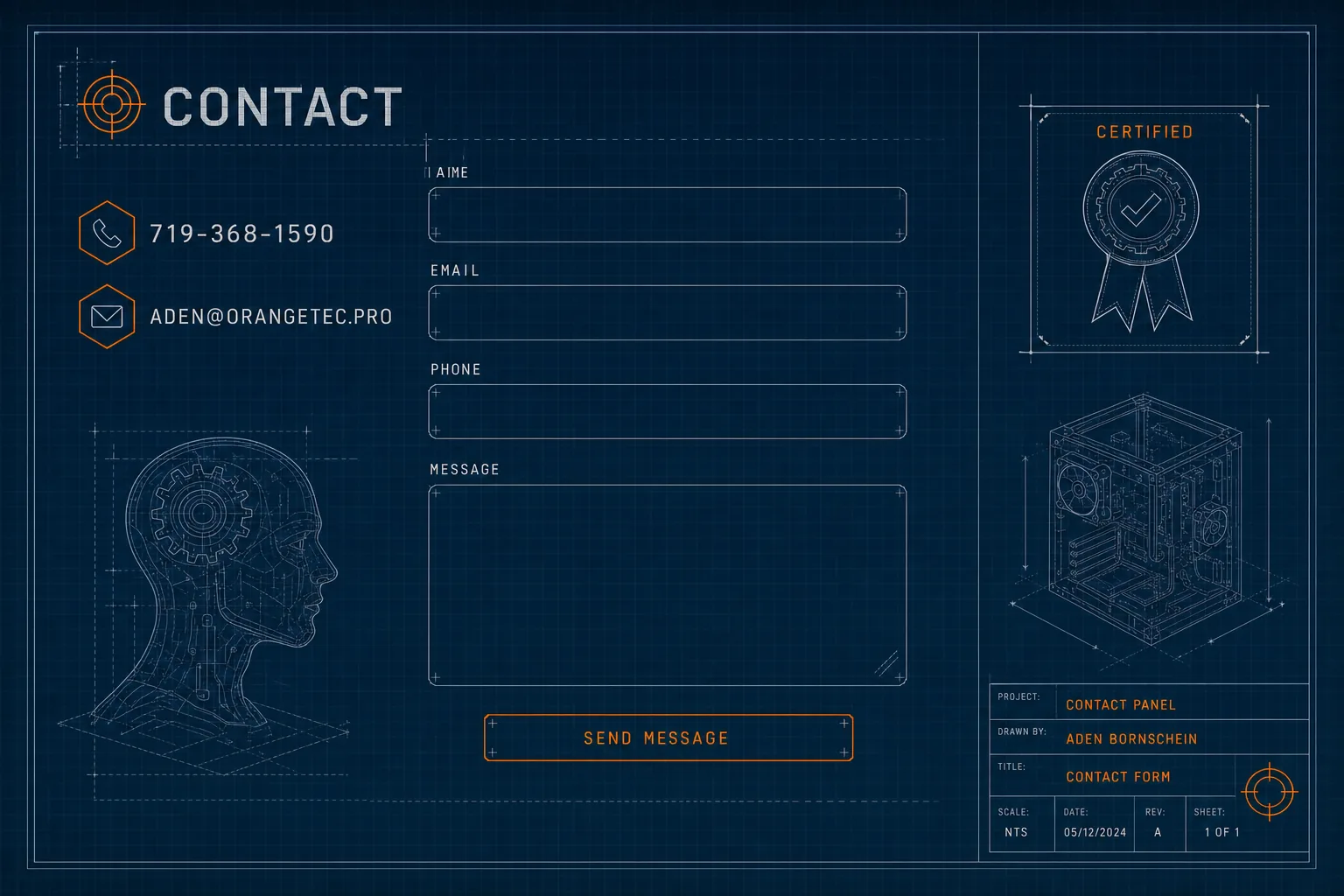 Blueprint contact page with phone, email, contact form fields, and certification badge.